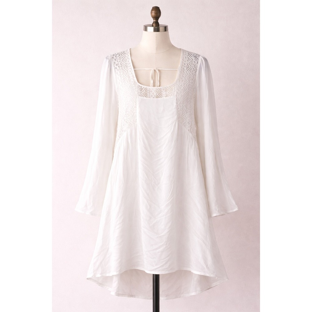 Alison Brittney White Boho Lace‎ Mini Dress XL Long Sleeve High Low Rayon
